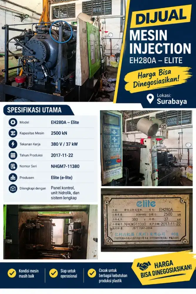 Jual Mesin Injection Molding Elite EH280A 250 Ton – Bekas, Harga Nego