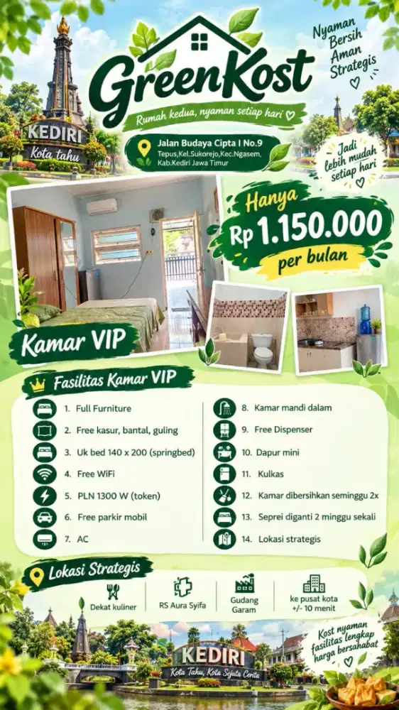 Green Kost VIP Karyawan Putra Letak Strategis Dekat Gapura Kota Kediri
