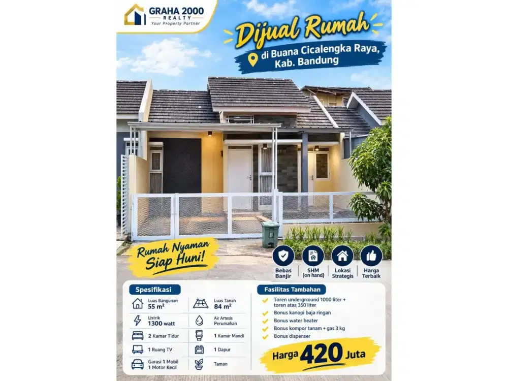 Dijual Rumah Buana Cicalengka Raya Bandung LT 84 m2 LB 55 m2 2 Kamar Tidur SHM Harga 420 Juta