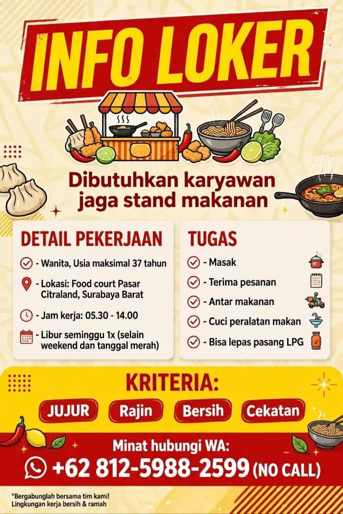 DIBUTUHKAN PEGAWAI utk STAND MIE PANGSIT