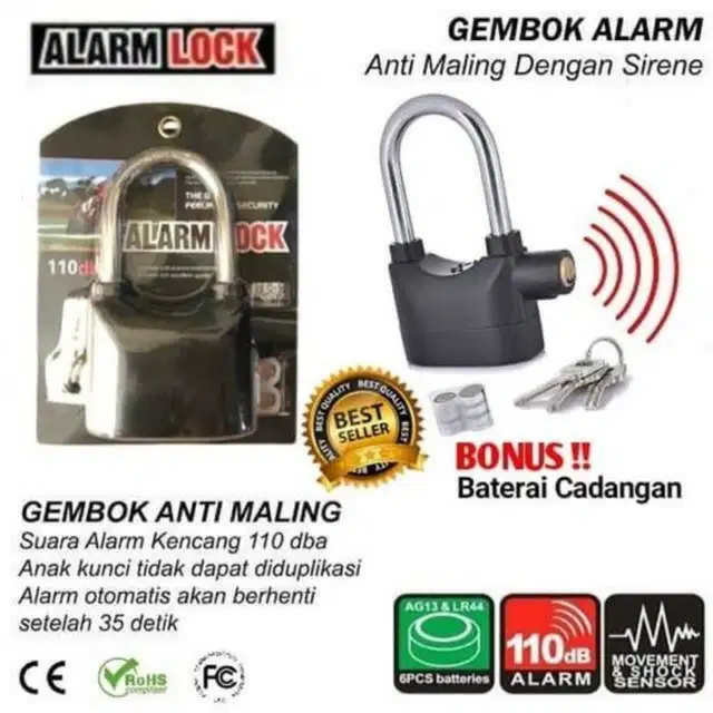ORIGINAL Gembok Alarm Anti Maling Anti Pencuri Ring Panjang Pengaman