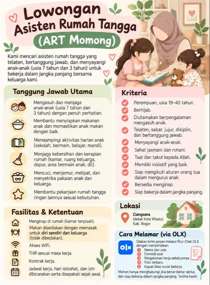 dibutuhkan ART Momong (menginap) Ciangsana