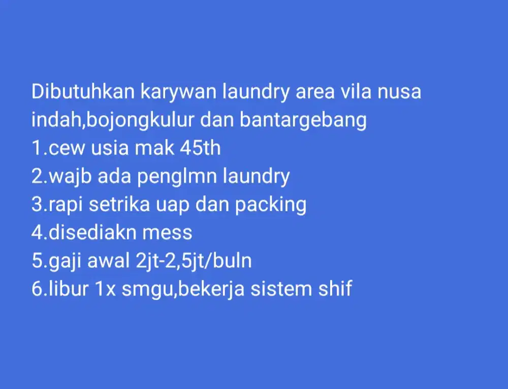 Dibutuhkan karyawan laundry