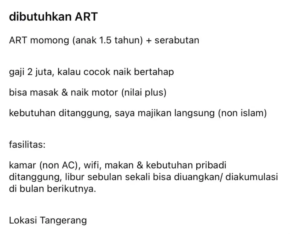 Dibutuhkan ART menginap untuk momong dan beberes