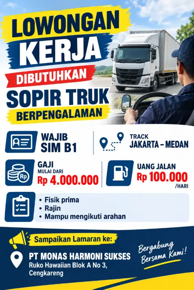 Dibutuhkan sopir truk berpengalaman wajib sim B1