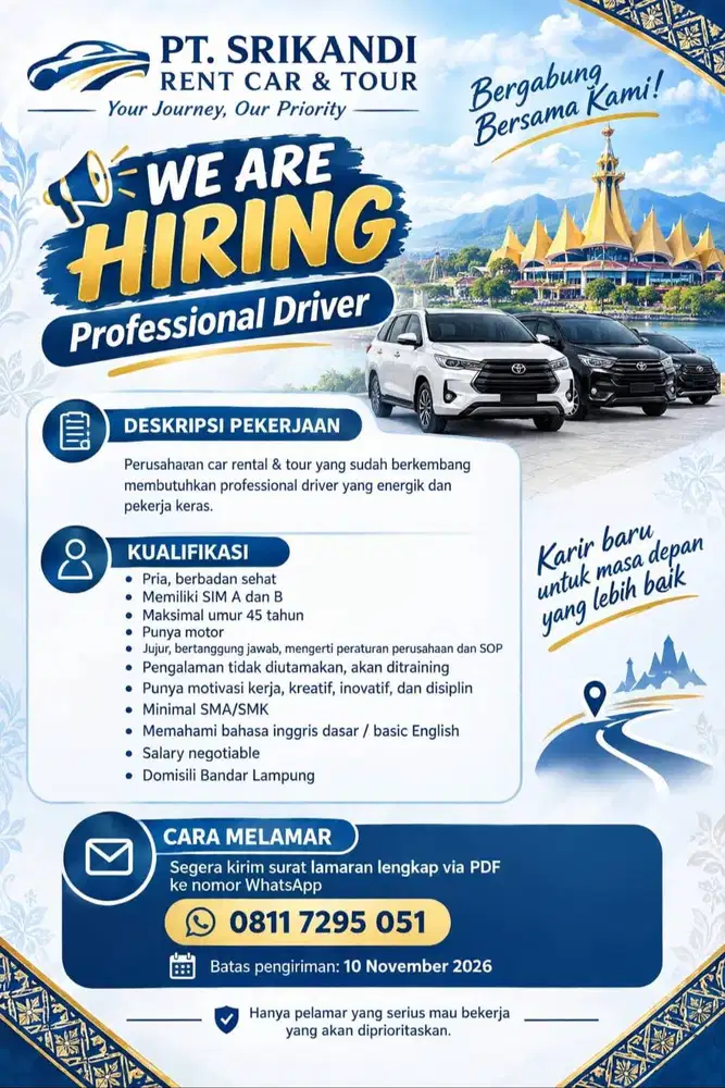 Loker Lowongan Pekerjaan Driver / Supir Srikandi Rent Car & Tour