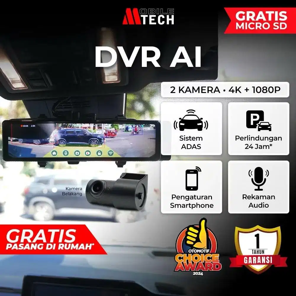 Mobiletech Dashcam Mobil DVR AI Wifi 4K 1080p Dual Camera Layar Sentuh