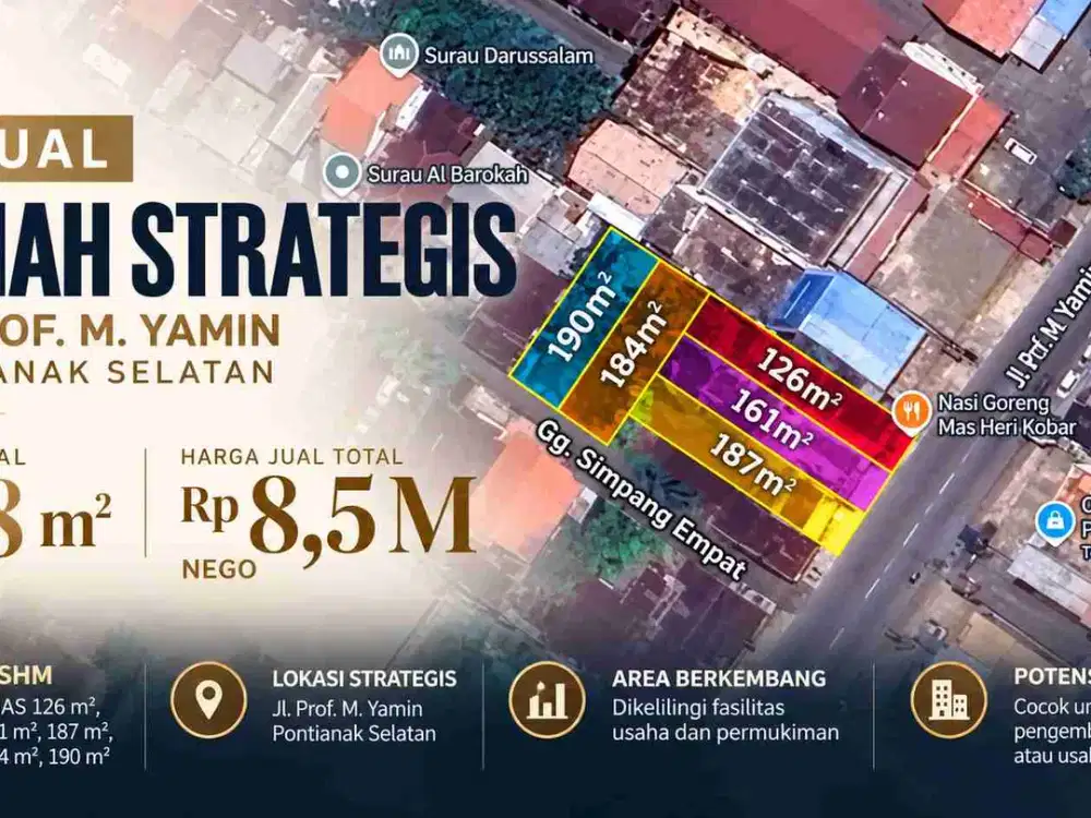 Dijual Tanah Strategis 848 m² di Jl. Prof. M. Yamin Pontianak Selatan – 5 SHM, Rp8,5 Miliar Nego