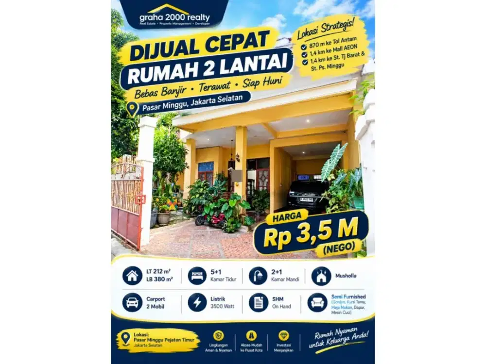 Dijual Rumah 2 Lantai Pejaten Timur Pasar Minggu Jakarta Selatan LT 212 m² LB 380 m² SHM Harga 3,5 Miliar