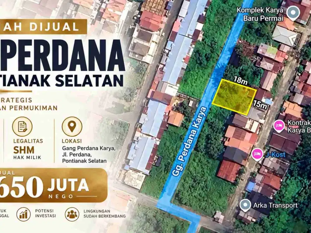 Tanah Dijual di Jl. Perdana Pontianak Selatan, 15 x 18 m, SHM – Rp650 Juta Nego