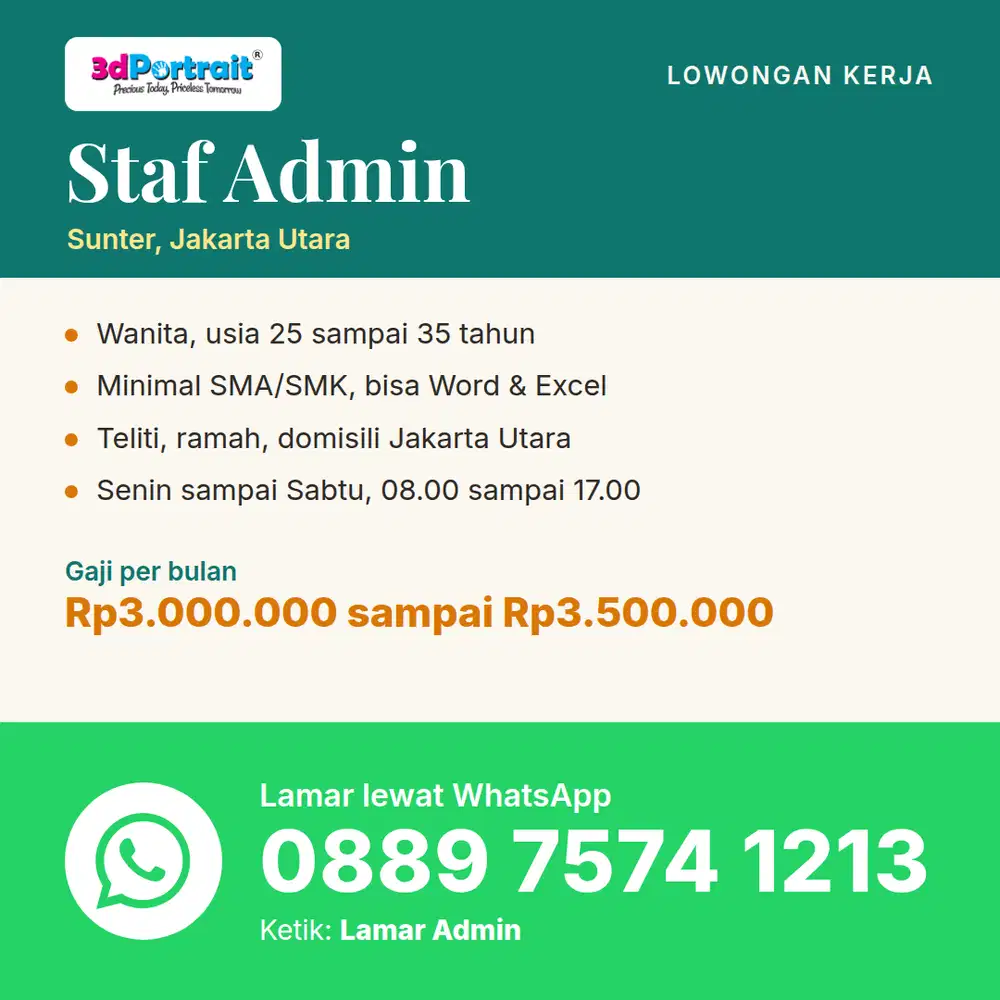 Dicari Staf Admin Wanita di Sunter Jakut, Gaji 3 sampai 3,5 Juta