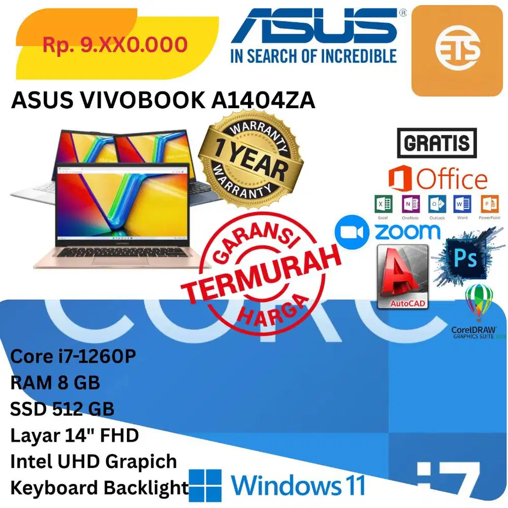 New Asus Vivobook A1404ZA Core i7-1260P Ram 8 Gb SSD 512Gb Layar 14 FH