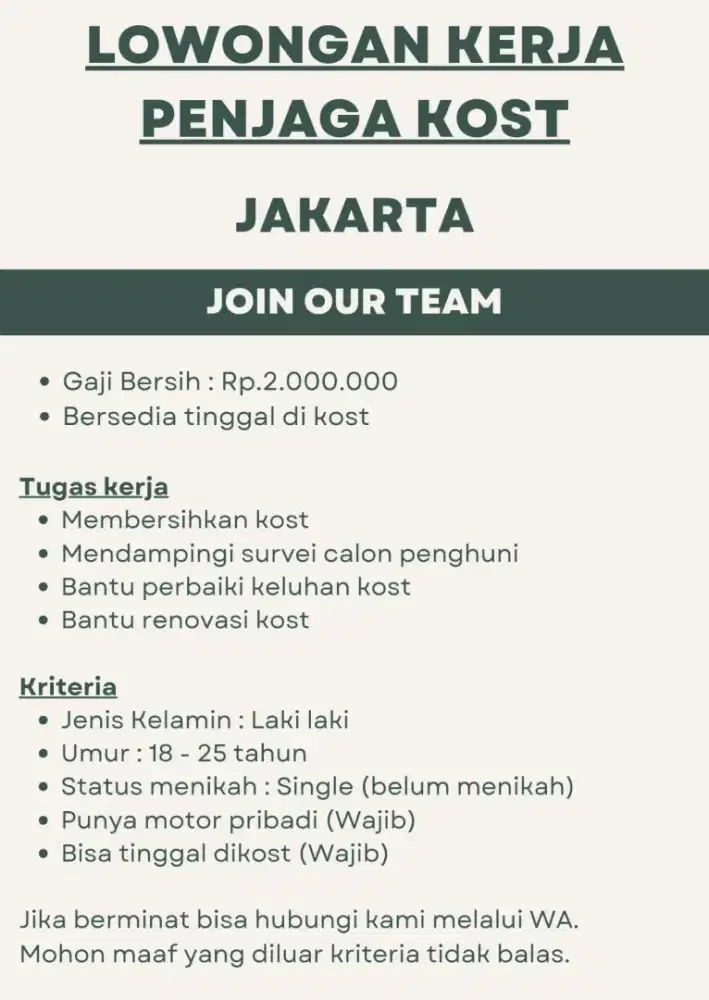 Lowongan Kerja Loker | Penjaga Kos Kost di Mangga Besar | Lokasari