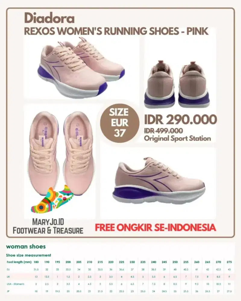 DIADORA REXOS WOMEN'S RUNNING SHOES - PINK : Size 37