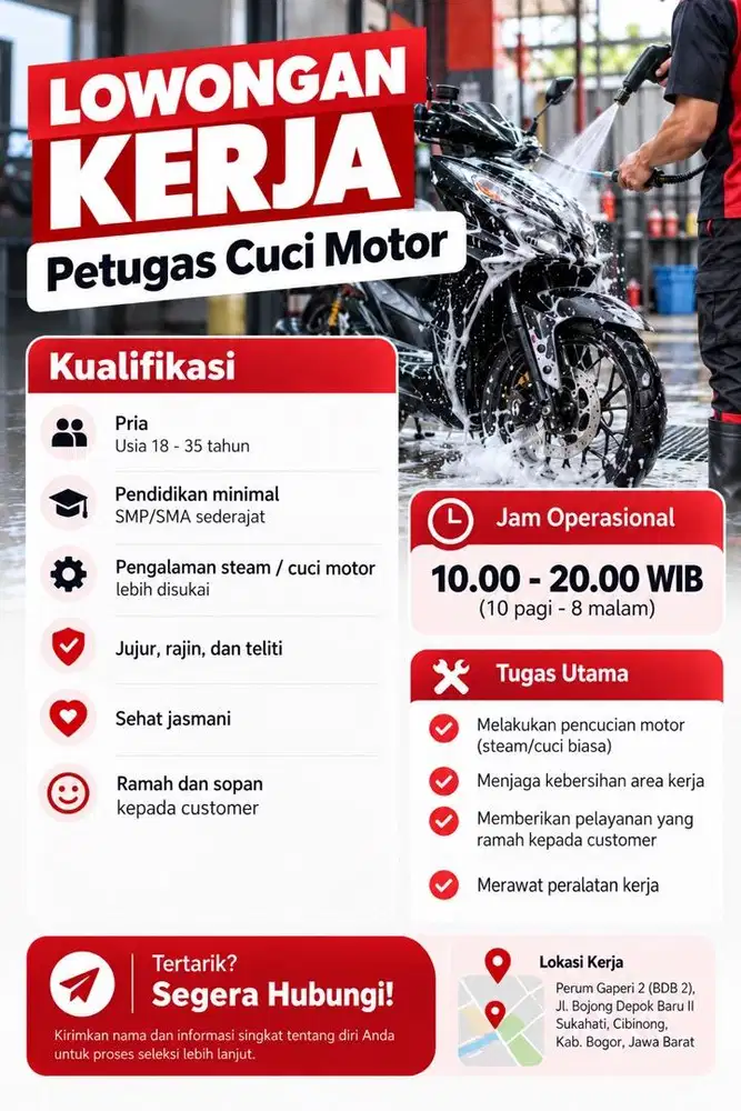 Dibutuhkan Segera! Petugas Cuci Motor