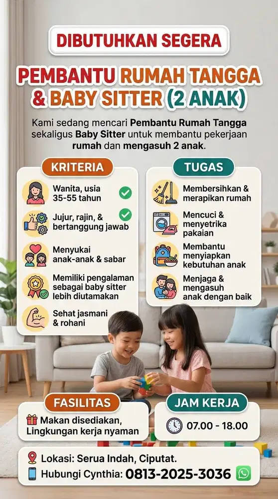 Dibutuhkan/ Lowongan ART & Babbysitter PP (pagi-sore)