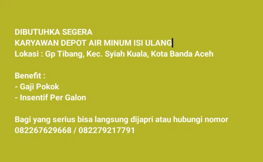 LOWONGAN DEPOT AIR MINUM ISI ULANG