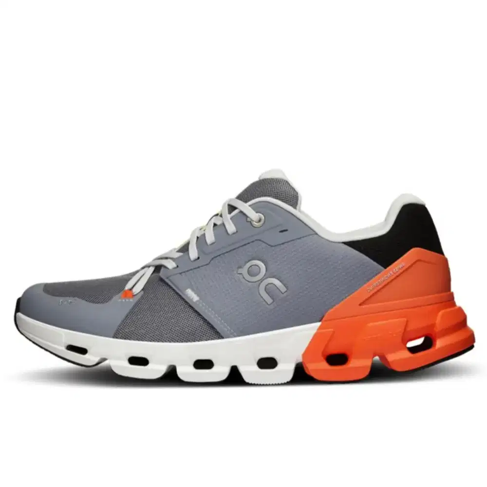 On Cloudflyer 4 running shoes in the Fossil/Flame colorway