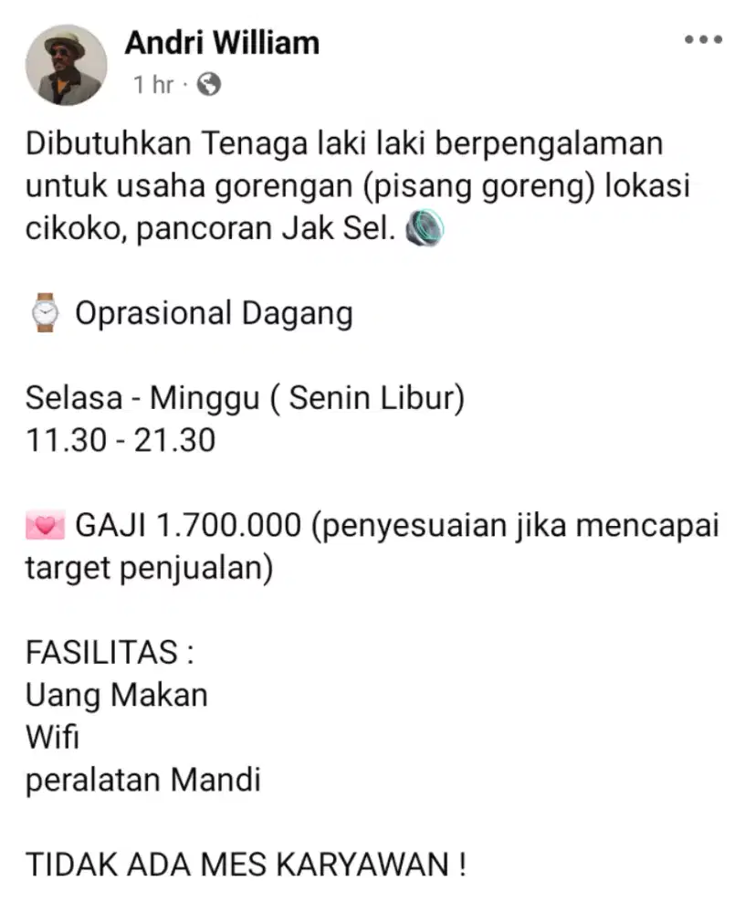 dibutuhkan tenaga berpengalaman dalam bidang gorengan