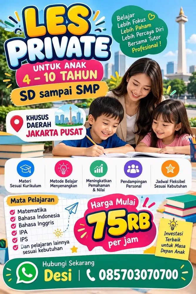 Les privat untuk anak pra sekolah (tk) ,SD,SMP