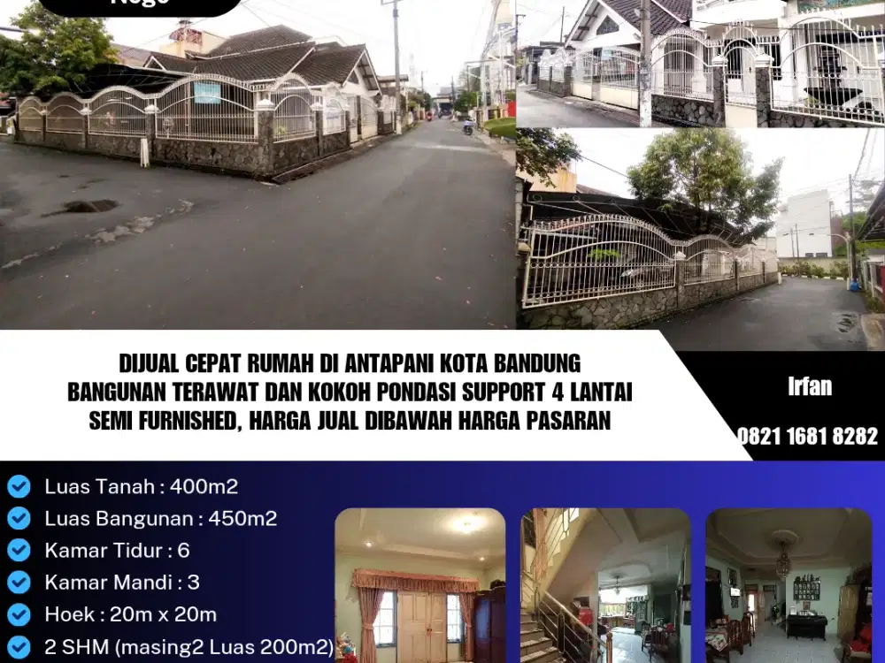 Dijual Cepat Rumah Di Antapani Kota Bandung
Bangunan Terawat & Kokoh Pondasi Support 4 Lantai
semi Furnished, Harga Jual Dibawah Harga Pasaran
Kanopi ( Baja Ringan & Stainless )