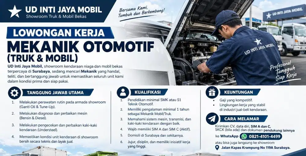 Lowongan Mekanik Truk & Mobil Showroom