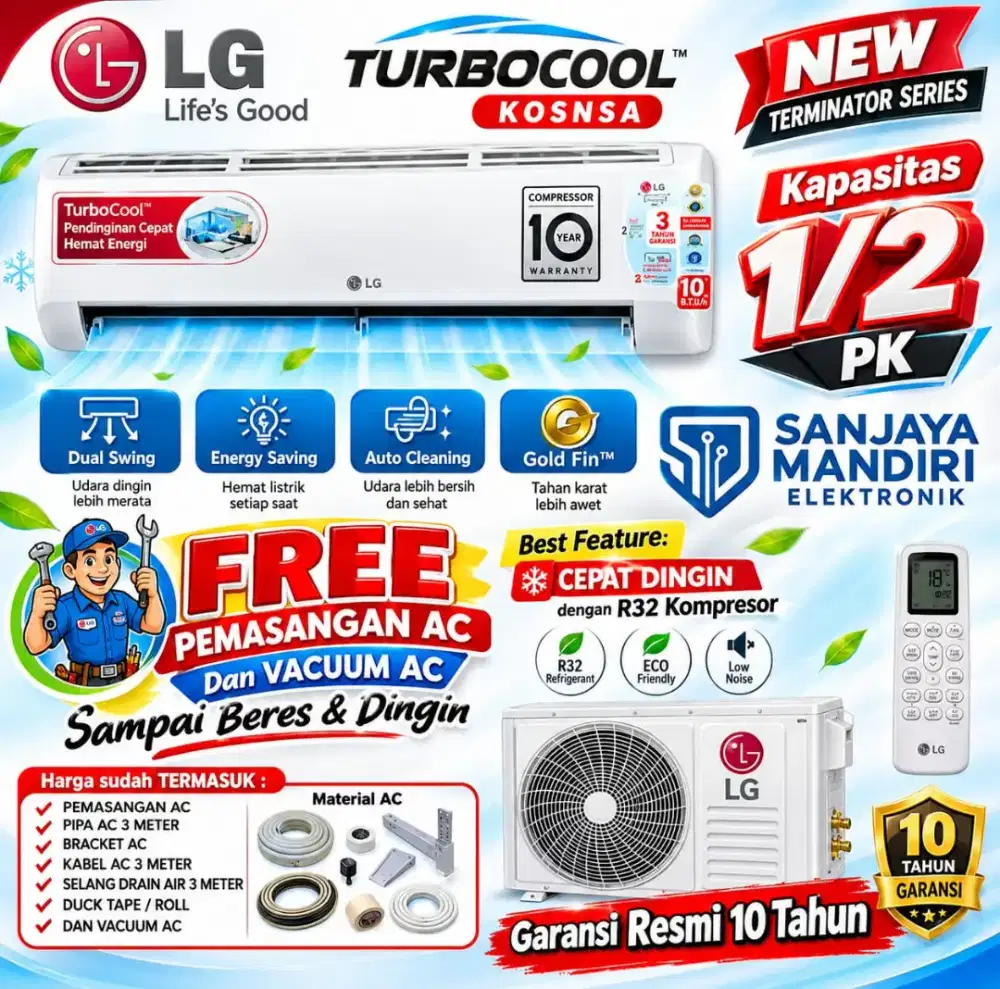 FREE PASANG! LG AC Split 1/2 PK Terminator TurboCool Dual Swing K05NSA