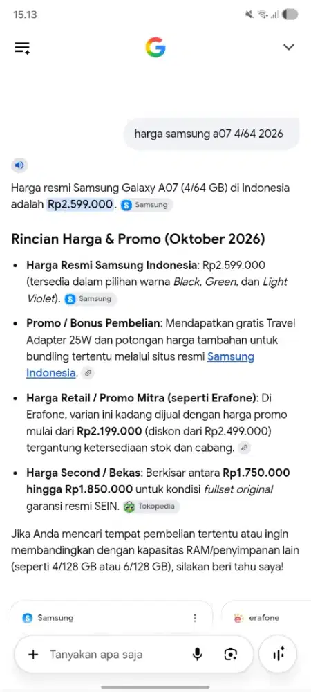 samsung a07 4/64 like fullset garansi on