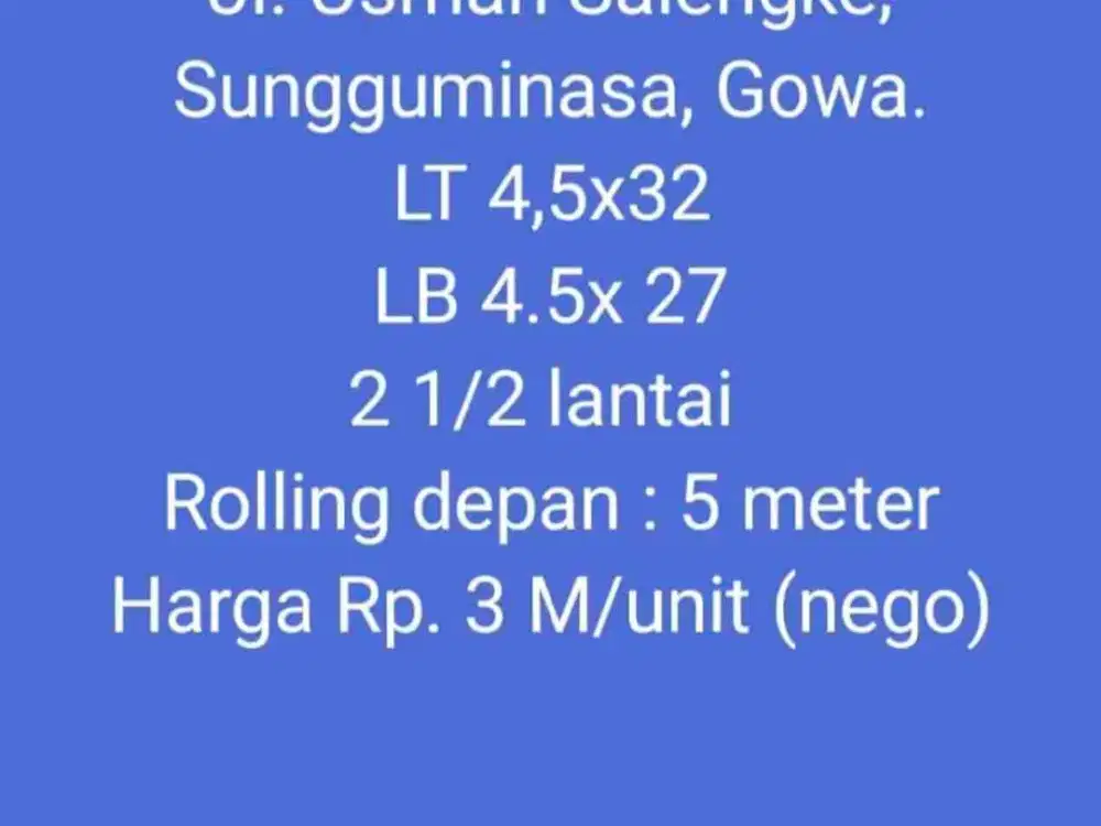 Dijual Ruko Dempet 2.5 lantai di Jl. Usman Salengke Sungguminasa Gowa