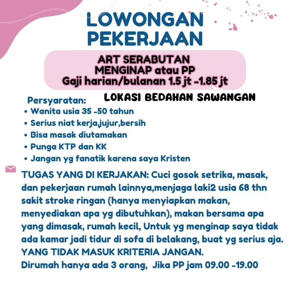 Dicari art PP atau nginep bedahan