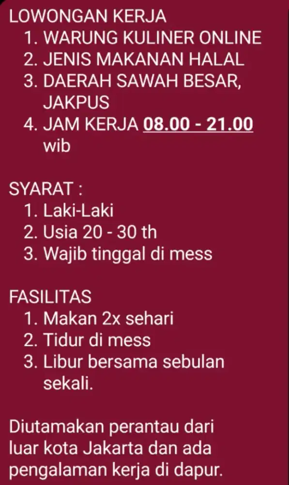 Lowongan karyawan pria Resto