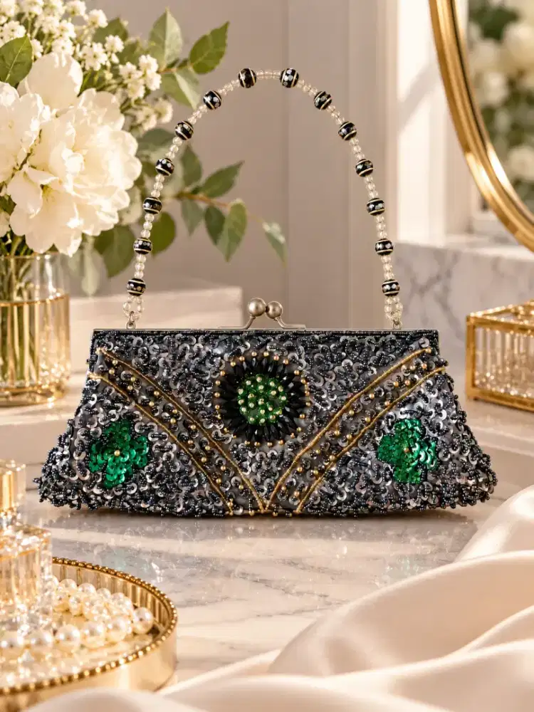 Vintage Emerald Beaded Clutch Bag