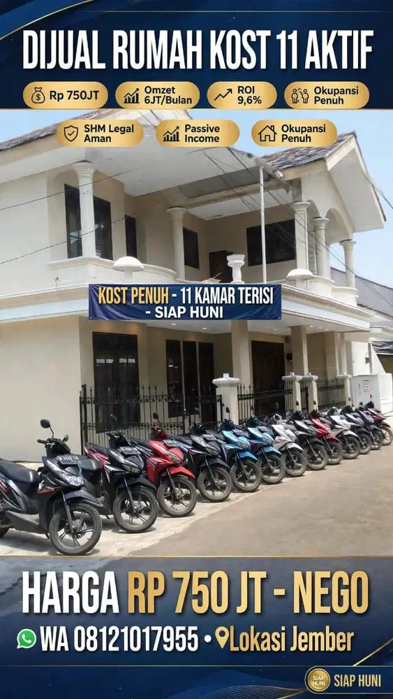 Dijual Rumah Kost Active 11 Kamar dekat UNEJ Omzet 6 juta per bulan