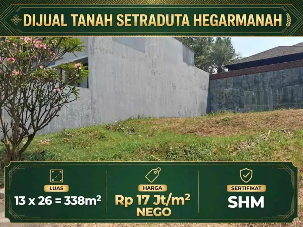 Di jual tanah SetraDuta : 
Hegarmanah
Luas : 13 x 26
17 jt/mtr nego
SHM

LN
