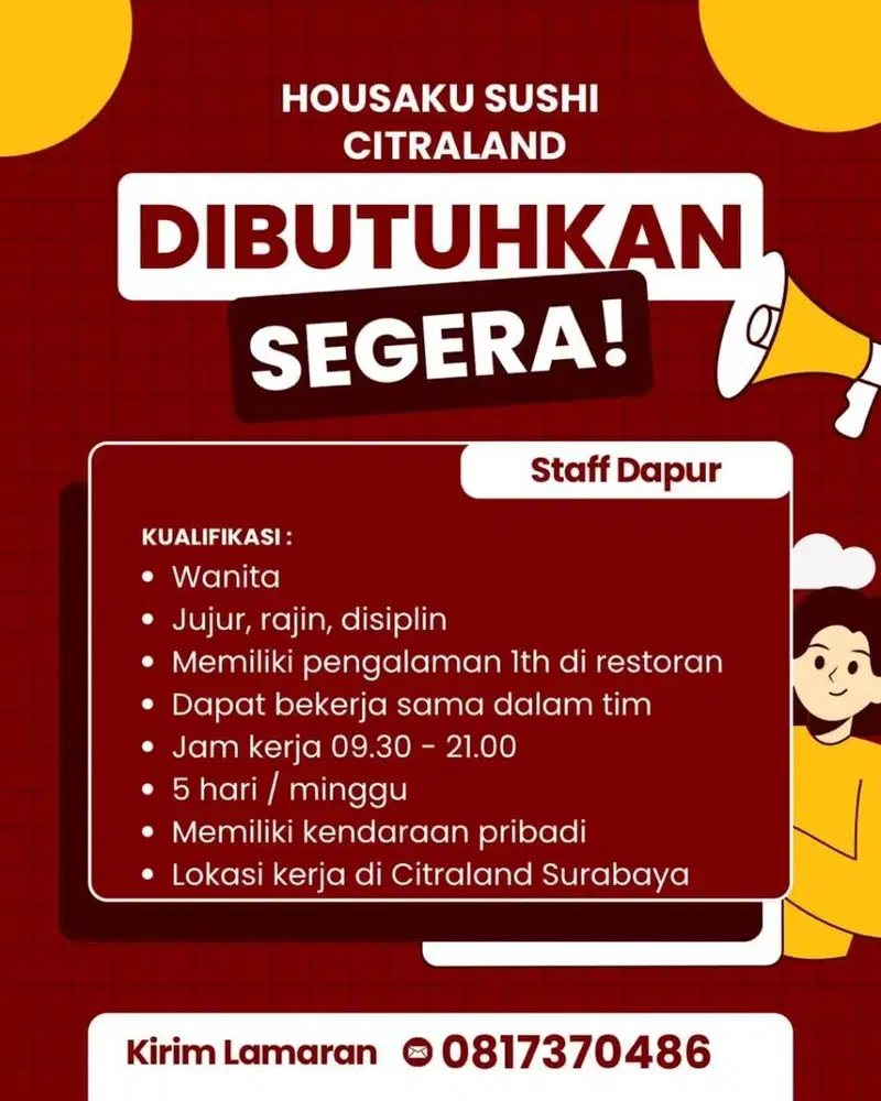 Dibutuhkan Staff Dapur Restoran Jepang di Citraland Surabaya
