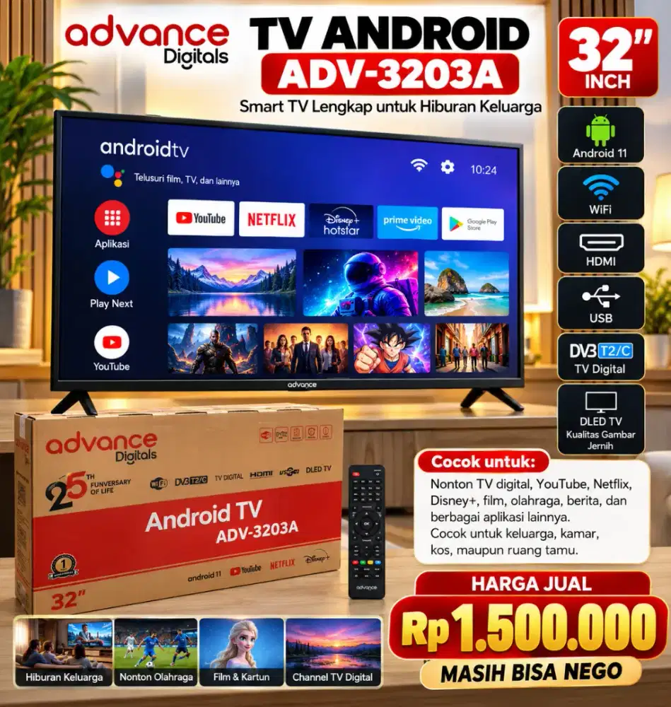 TV ANDROID ADVANCE 32 INCH ADV-3203A – BOX MASIH ADA, BISA NEGO