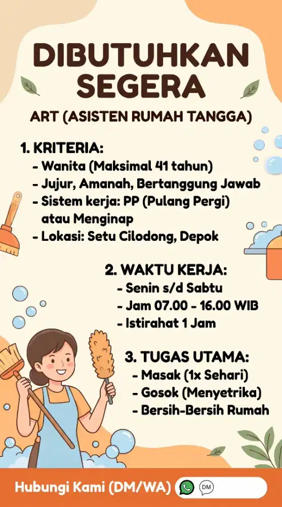 Dicari ART PP/Nginap Majikan langsung saya