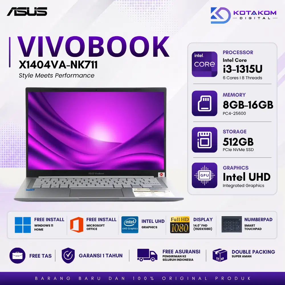 ASUS VIVOBOOK X1404VA-NK711 CORE I3-1315U 8GB 512GB 14.0 FHD FREE WIN