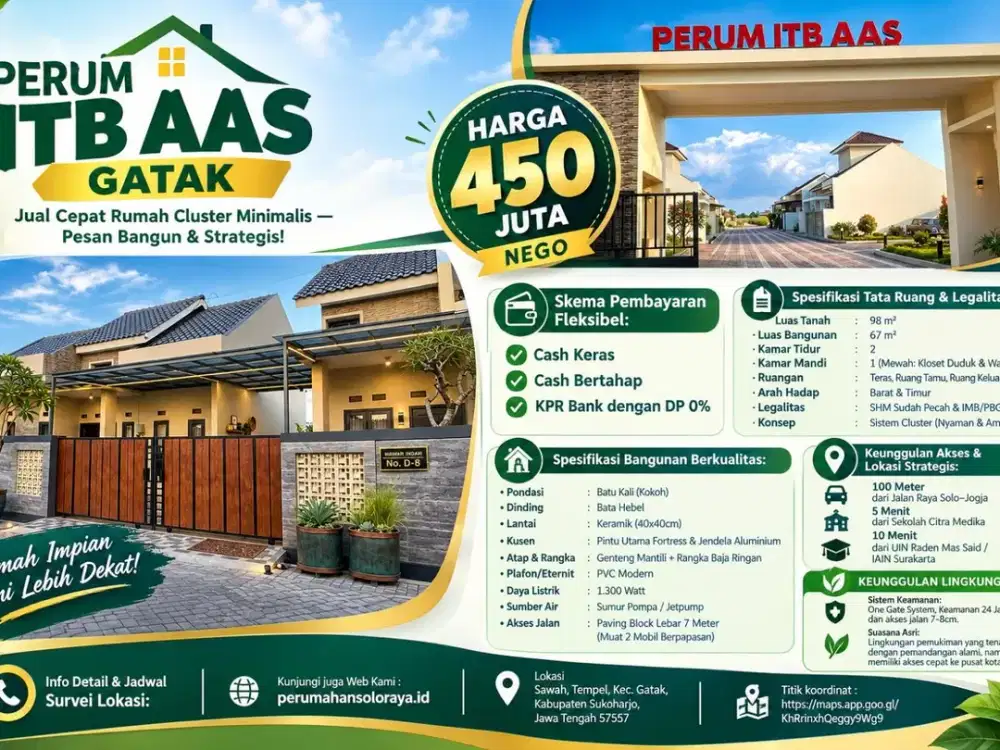 DIJUAL CEPAT: HUNIAN CLUSTER MINIMALIS STRATEGIS DI GATAK, SUKOHARJO