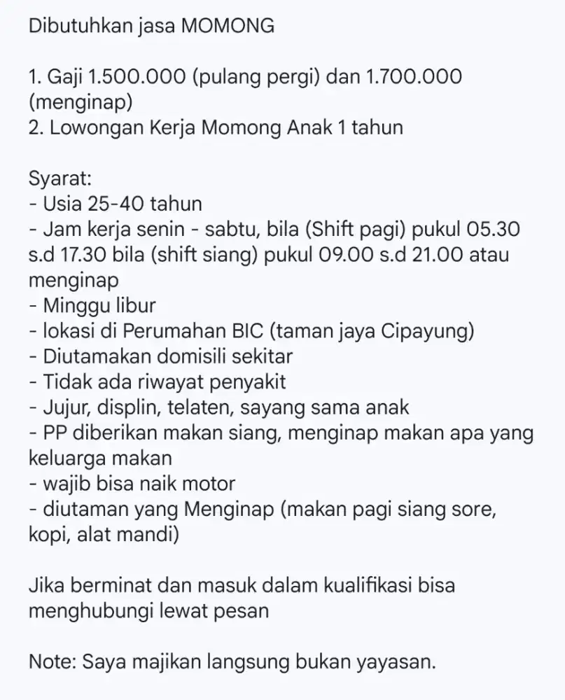 Dibutuhkan ART momong anak 1 tahun