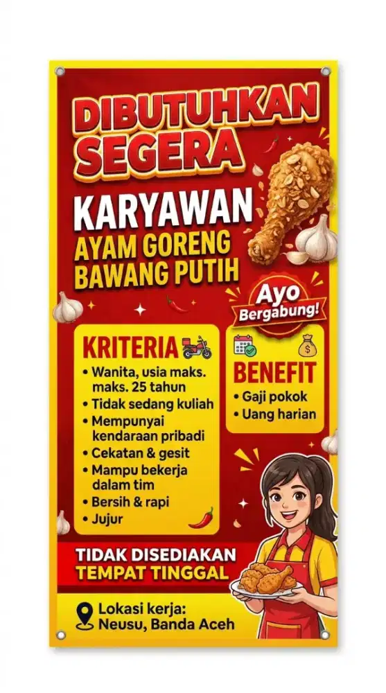 DI BUTUHKAN SEGERA KARYAWAN AYAM GORENG BAWANG PUTIH