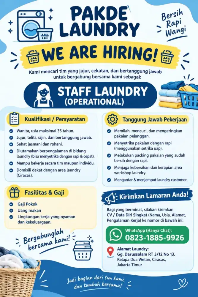 LOWONGAN KERJA PAKDE LAUNDRY KELAPA DUA WETAN CIRACAS JAKARTA TIMUR