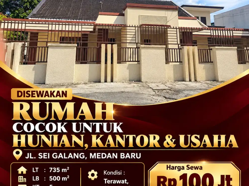 Disewakan Rumah Luas Siap Huni di Jl Sei Galang Medan Baru