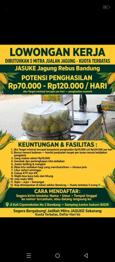 Lowongan kerja penjual JAGUNG REBUS DAN JASUKE