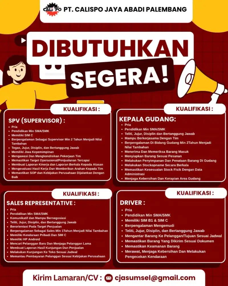 Loker SPV. Ka Gudang, Driver, Sales