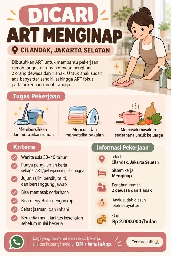 DICARI ART MENGINAP – CILANDAK, JAKARTA SELATAN