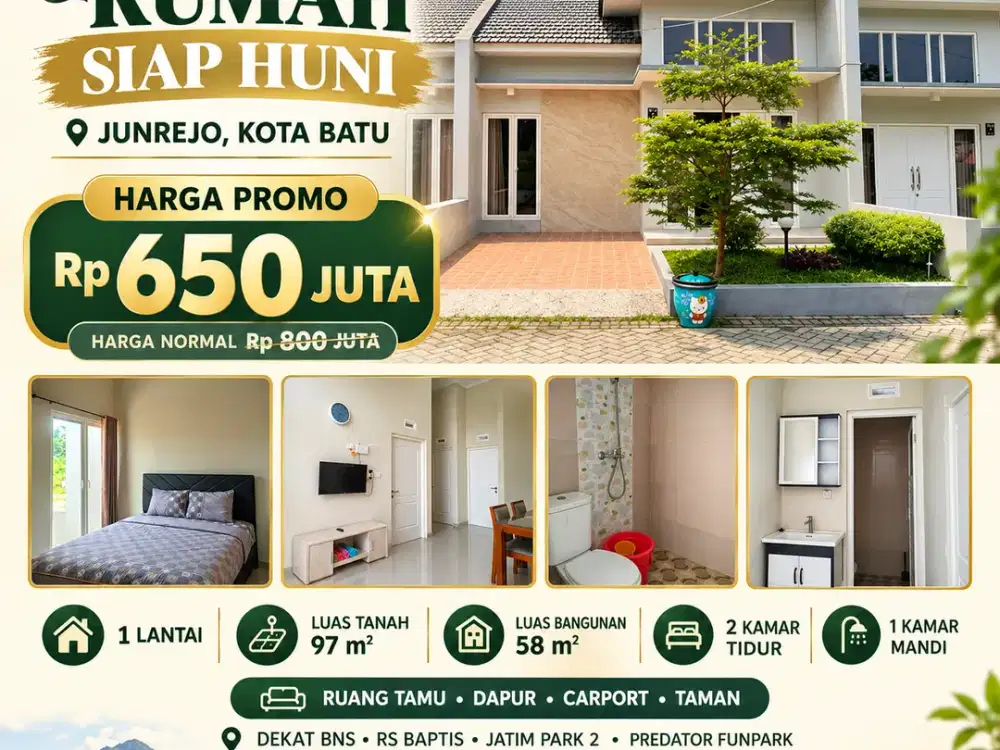 Dijual Rumah 1 Lantai di Junrejo Batu, Harga Promo 650 Juta