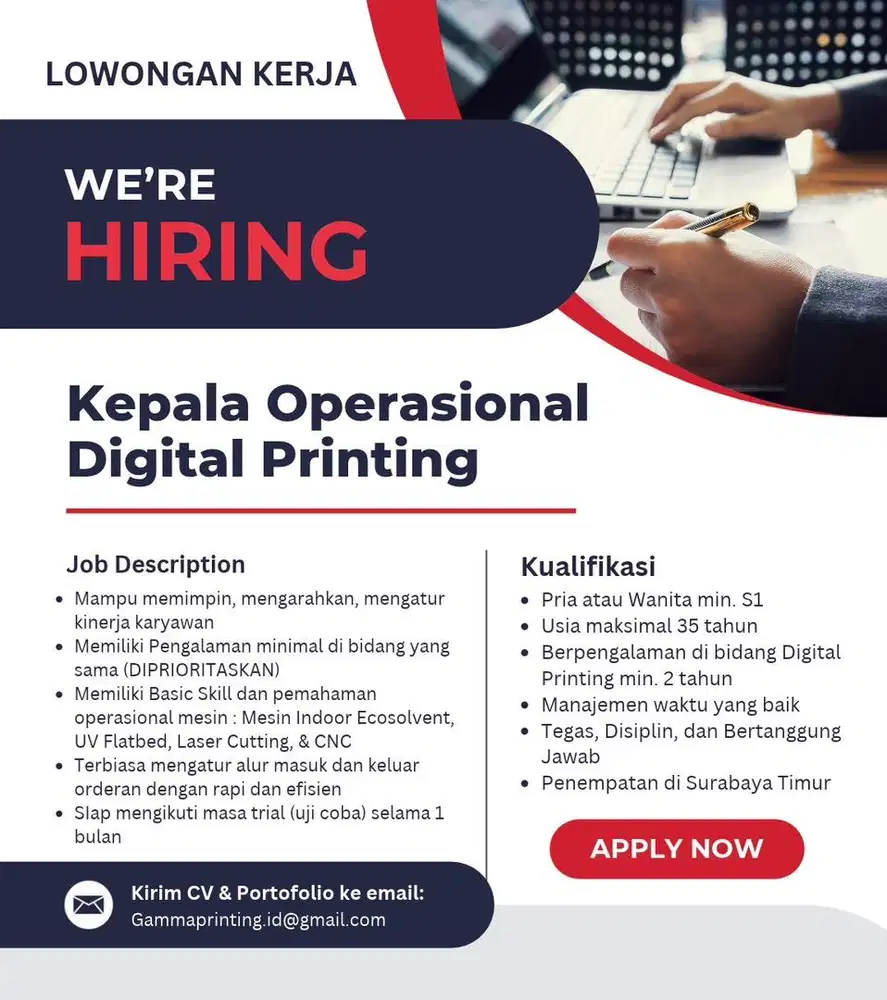 Kepala Operasional Digital Printing Surabaya Lowongan Kerja