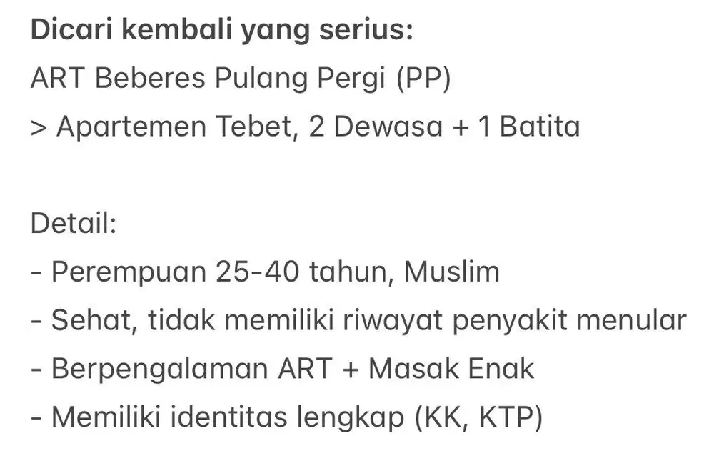 ART Apartemen Beberes Pulang Pergi (PP)