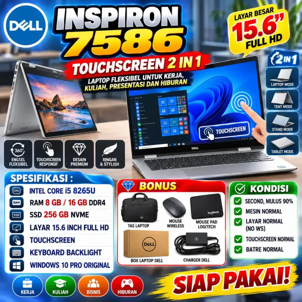 Dell Inspiron 7586 2in1 Touch Core i5 G8 Ram 8Gb SSD 256Gb 15,6 Inch